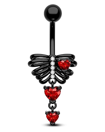Cocharm Black Skeleton Heart Belly Button Rings Dangle Halloween Navel Rings 14G Belly Piercing Jewelry Stainless Steel - Red