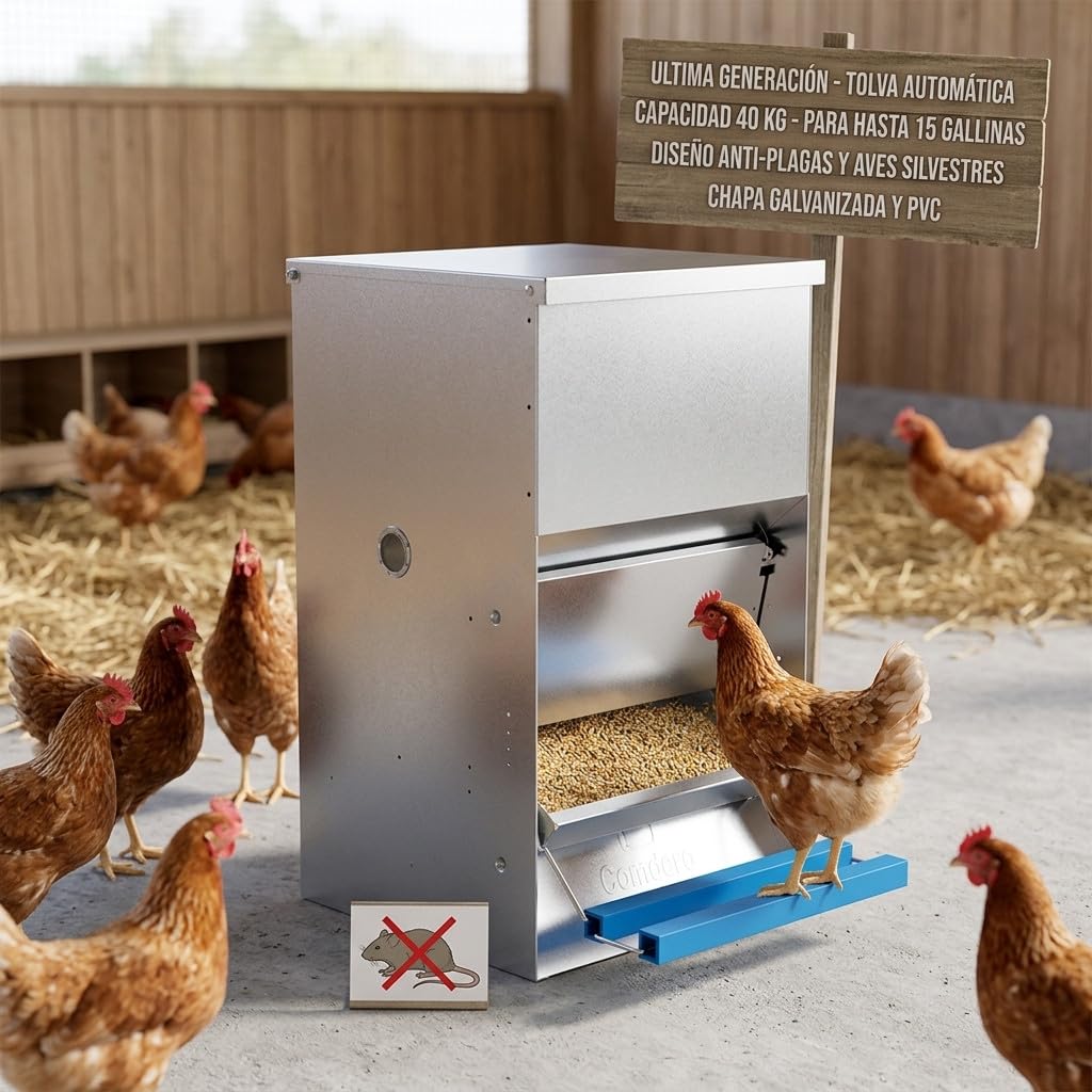 Suinga Comedero Automatico para 15 Gallinas | Capacidad 40 kg | Tolva para Gallinas 50x40x60 cm | Alimentacion Eficiente y Controlada | Diseño Resistente para Uso Exterior y Granja