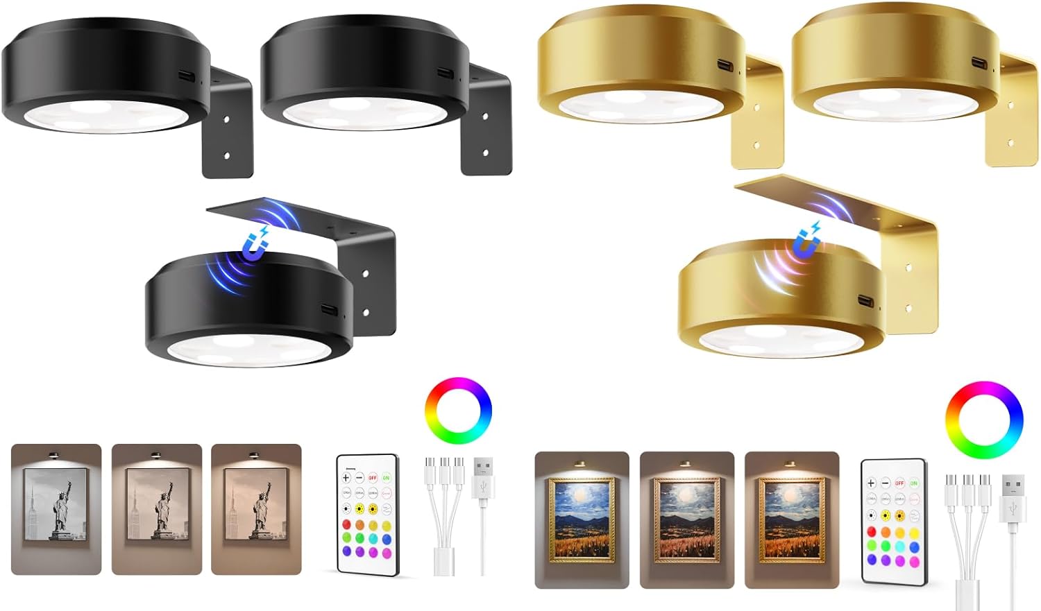 EZVALO Picture Lights for Wall, 2000mAh Rechargeable Battery Magnetic Poster Lights, 12RGB Art Light, Black 3 Pack & Gold 3 Pack