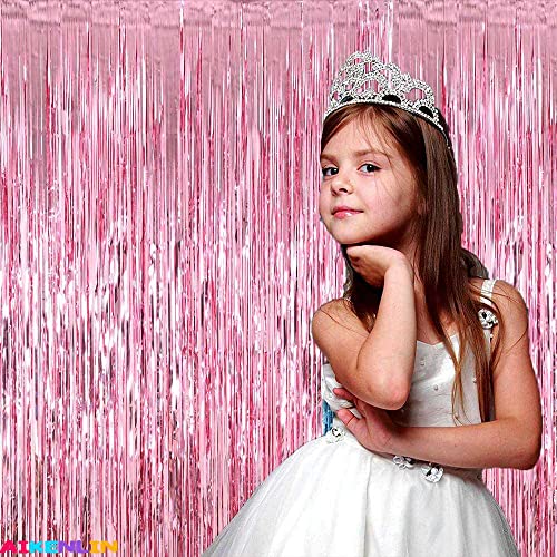 Image of 4 Pack 3.2Ft x 8.2Ft Pink Foil Fringe Curtain Backdrop, Metallic Tinsel Foil Fringe Streamers Curtains Background for Photo Booth, Birthday, Wedding, Halloween, Christmas Party Decoration