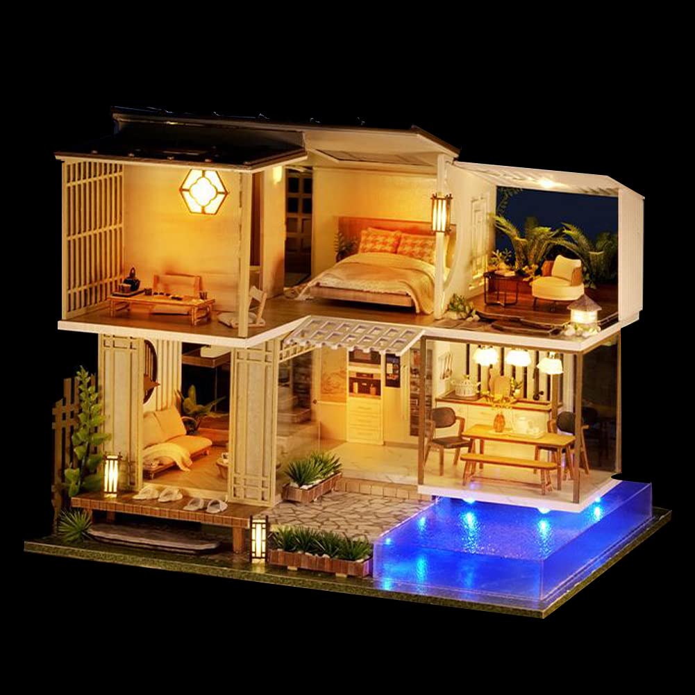 Maison de poupée miniature en bois de style chinois - Villa à 2 étages avec piscine de jardin - Échelle 1:24 - Maison de jouets assemblée pour enfants et amis