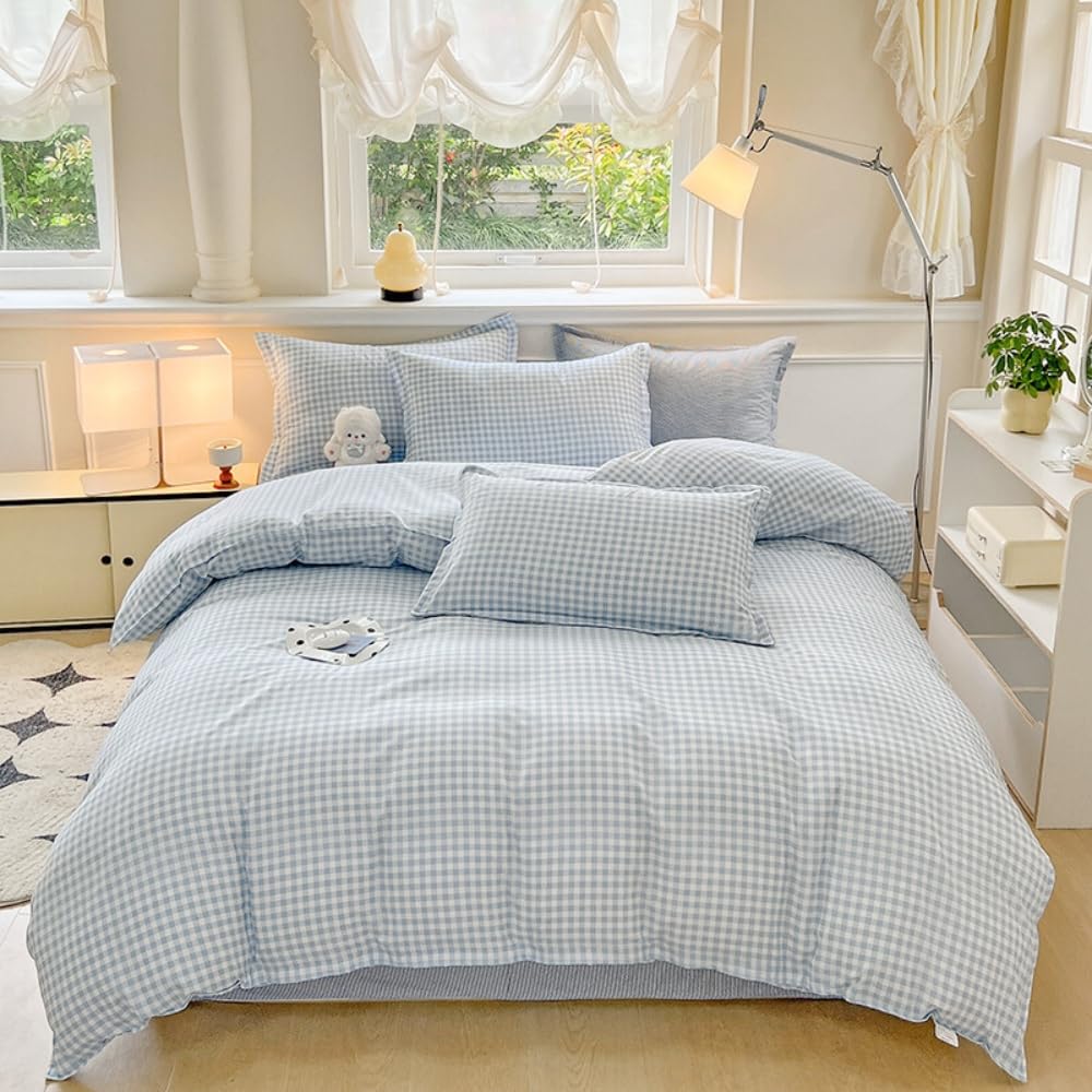 Michorinee Single Duvet Cover Set Blue White Plaid Grid Checkered Pattern Country Style Gingham Bedding Set including Zipper Closure Soft & Breathable Washed Microfibre Quilt Cover with 1 Pillowcase 50x75 - Image 4