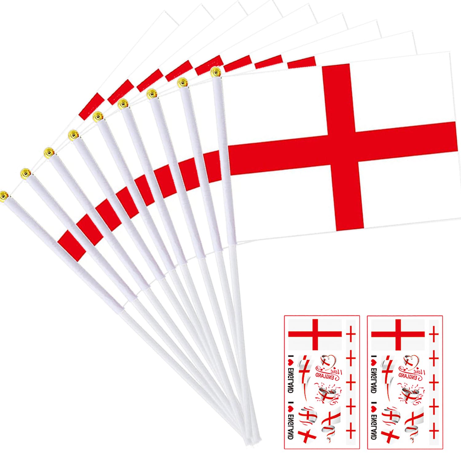 50PCS St Georges Hand Flags - England St George's Cross Handheld Flags with Pole Small Hand Waving Bunting for St George's Day Sport Event Rugby Football Party Decorations (Bonus 2pcs Tattoo Stickers) — image 1