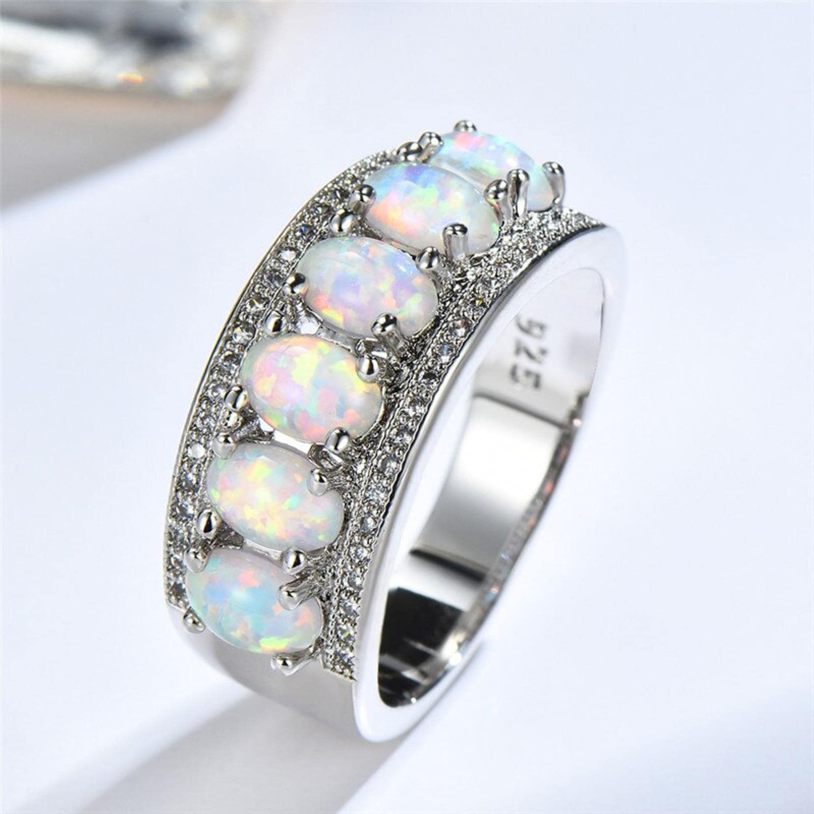 Boho Big White Fire Opal Stone Ring Vintage Silver Color Wedding Rings Promise Love Heart Engagement Rings For Women