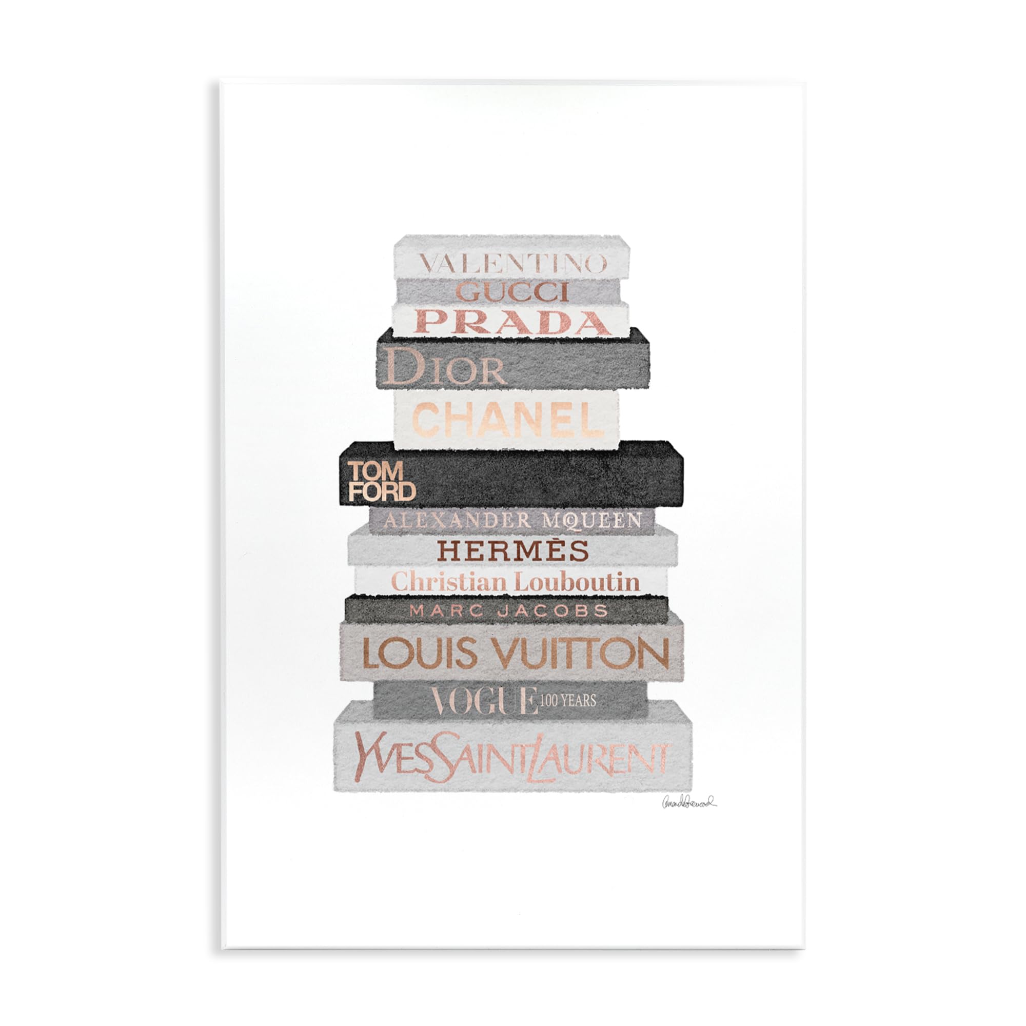Grey &amp; Peach Bookstack, 10 x 15 Inch Mounted Print on Wall Plaque