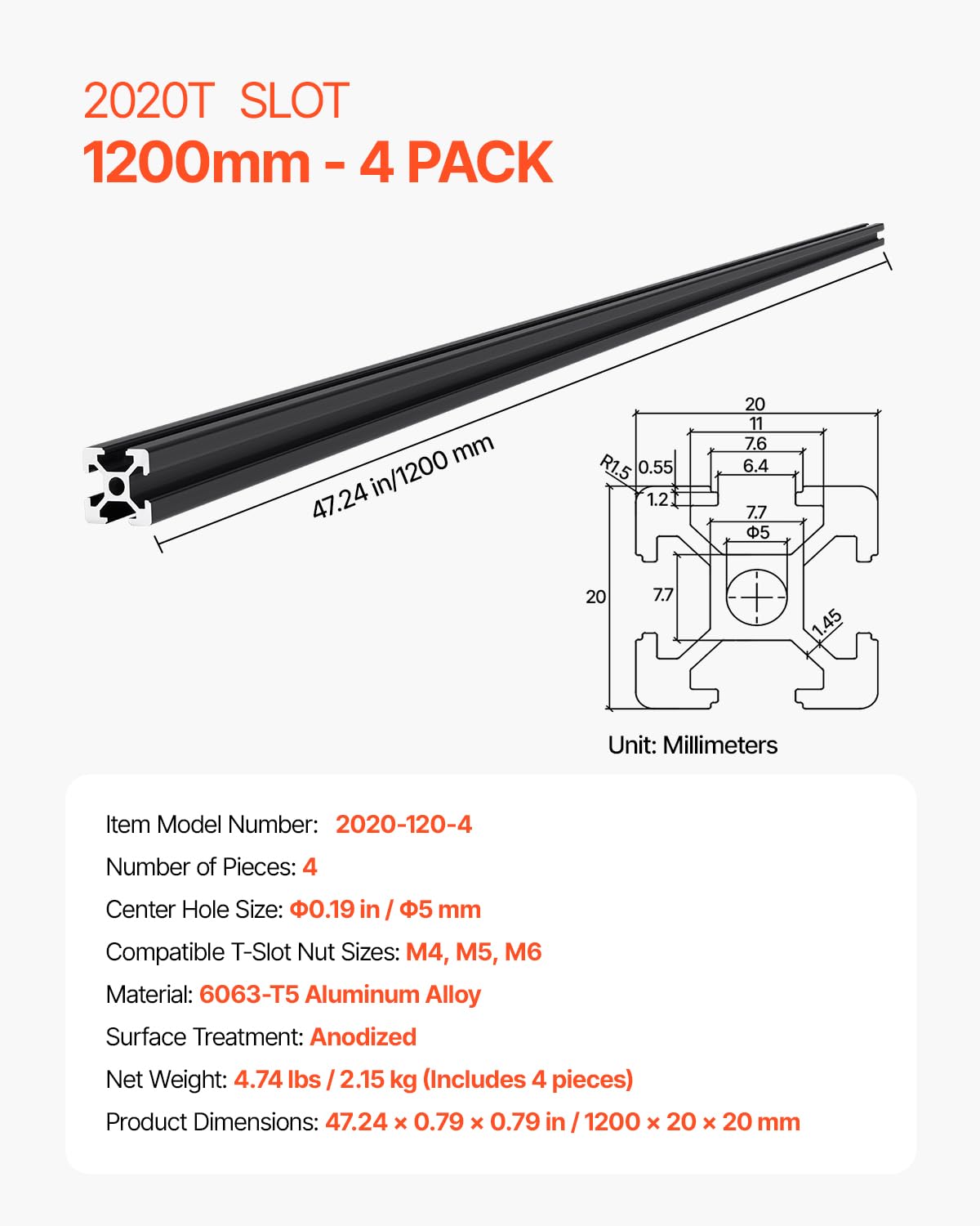 VEVOR 4 Piezas Perfiles de Extrusión de Aluminio 2020 con Ranura en T de 1200 mm, Riel Lineal Anodizado de Alta Resistencia para Impresora 3D, Máquina CNC (DIY), Grabado Láser, Color Negro