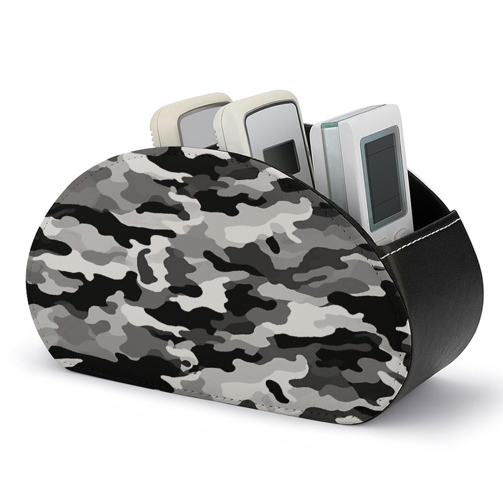 VstaDank Black Grey White Camo Remote Control Holder with 5 Compartments PU Leather Remote Caddy Desktop Organizer Store TV Remote Control Storage Box for Home Office Desk Nightstand