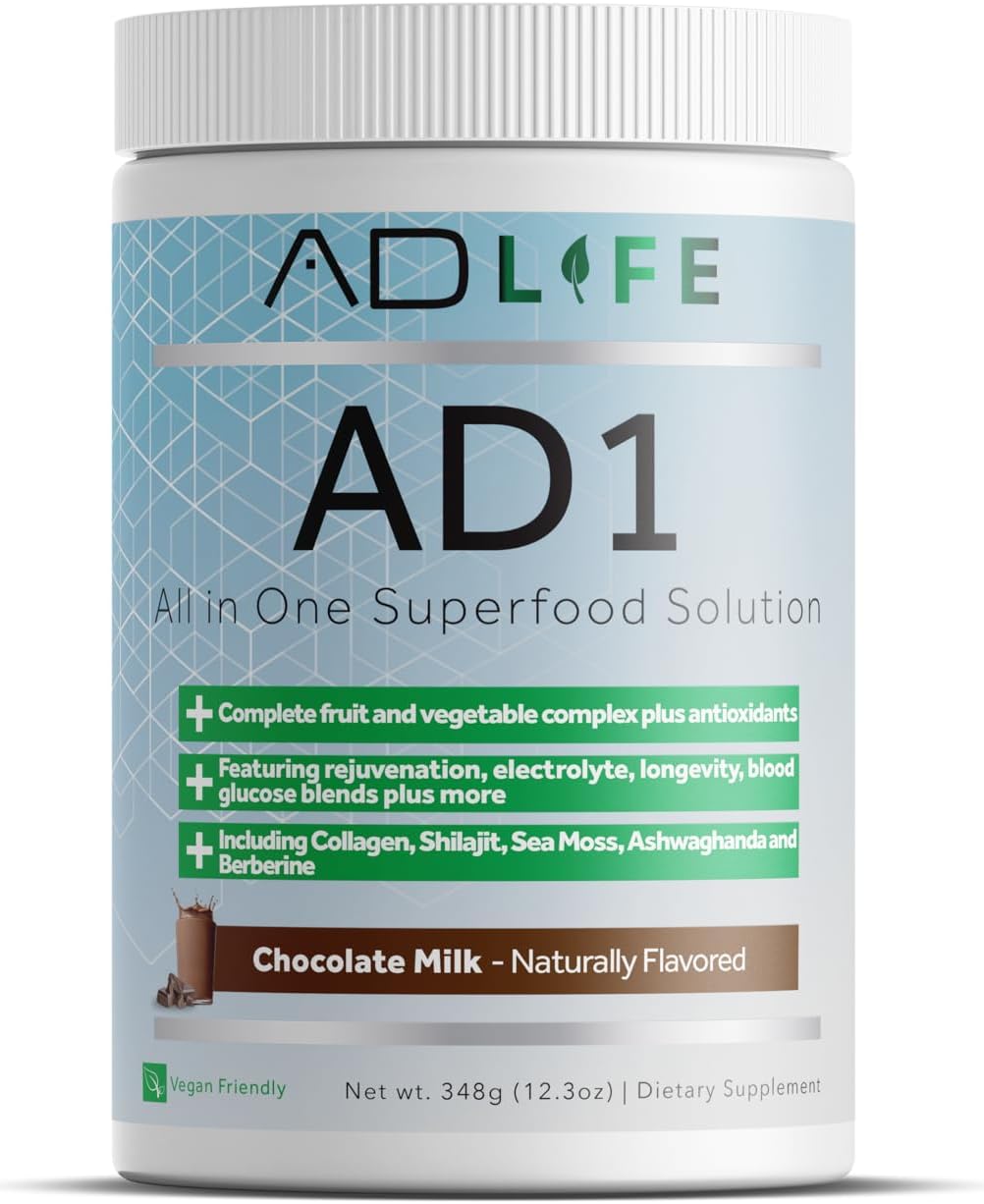 Project AD AD1, All in One Superfood Solution, Complete Fruit and Vegetable Complex Plus Antioxidants, Including Collagen, Shilajit, Sea Moss, Ashwaganda and Berberine (24 Servings, Chocolate)