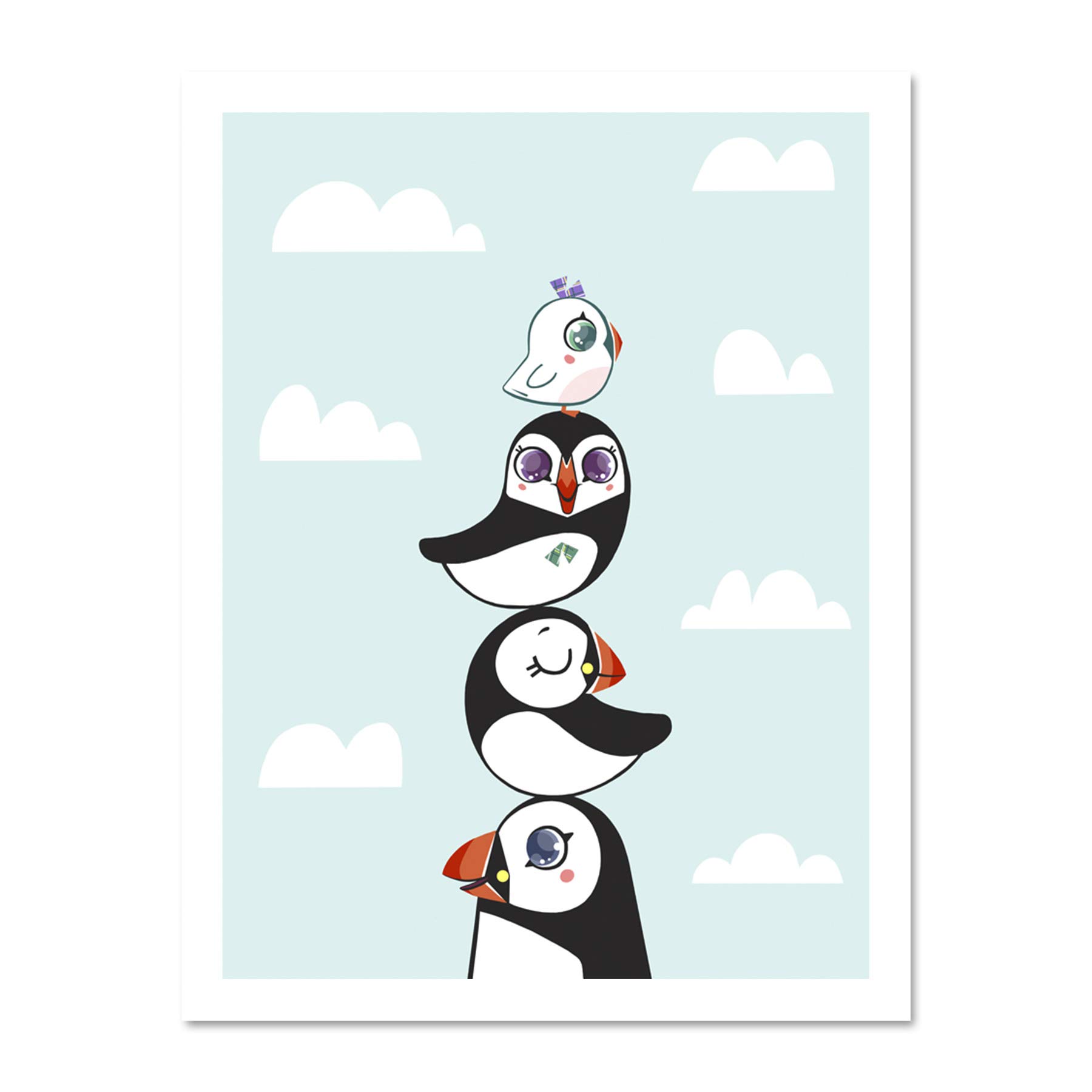 Wee Blue Coo Puffins Family Stacked Large Framed Art Print Wall Poster 18x24 inch