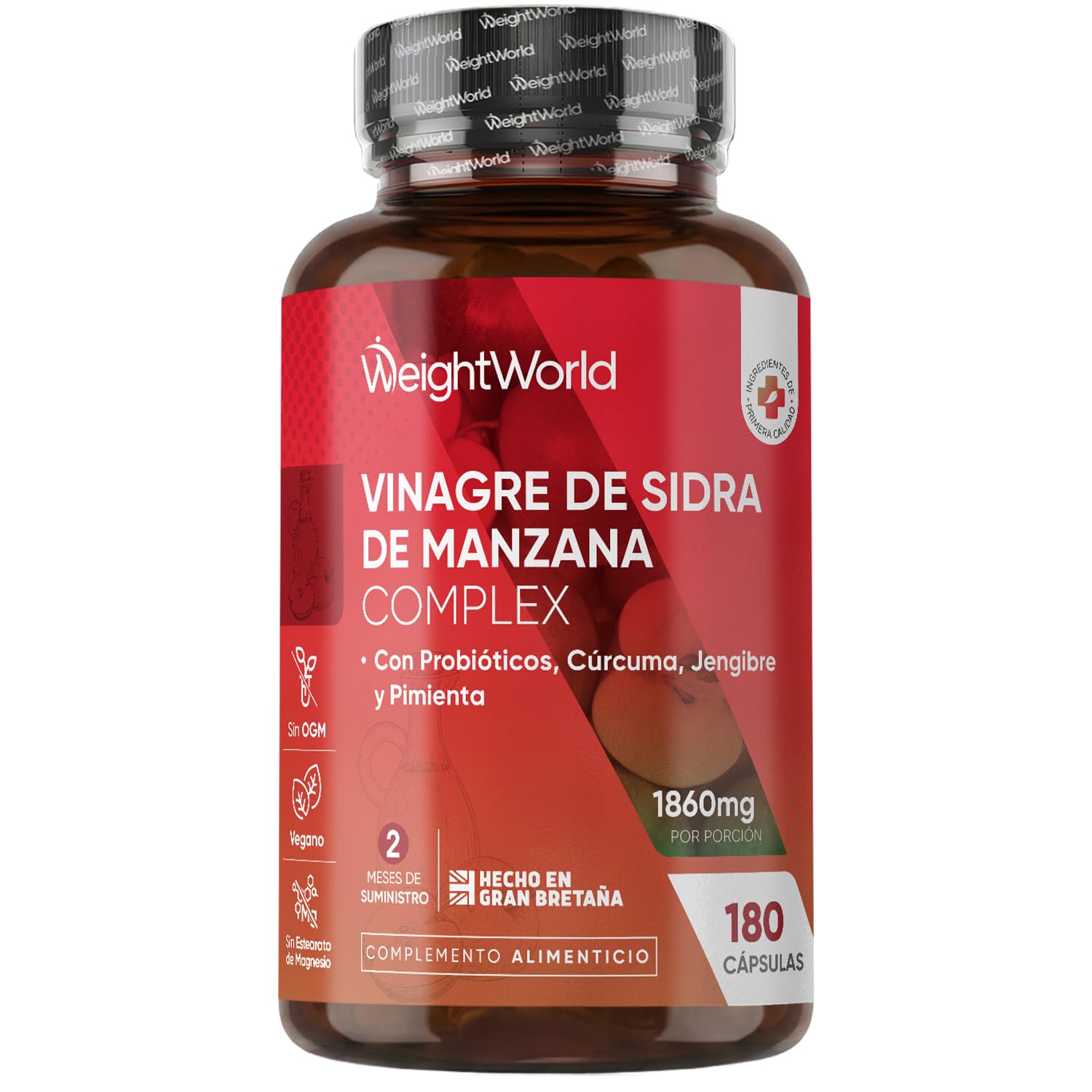 Vinagre de Sidra de Manzana 1860 mg - 180 Cápsulas con Probióticos, Cúrcuma, Jengibre y Pimienta de Cayena - Suplemento para 2 Meses de Suministro - Vegano, Sin OGM y Sin Gluten