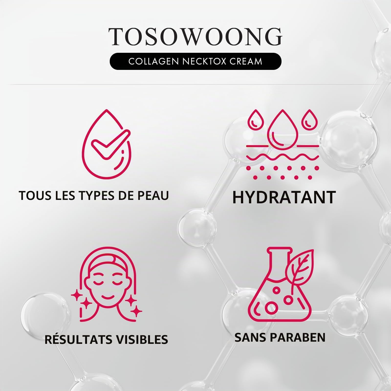 TOSOWOONG Crème Cou et Décolleté Collagène Necktox, Fermeté et Rides | Collagène, Acide Hyaluronique, Anti-Âge, Élasticité, Ridules, Peau Relâchée, Fini Rosée, Hydratant, K-Beauty, 50 ml