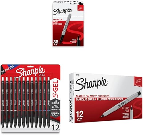 SHARPIE Marcadores permanentes, punta fina, negro, 36 unidades y bolígrafos SHARPIE S-Gel, punta media (0.028in), colores surtidos, 12 unidades y