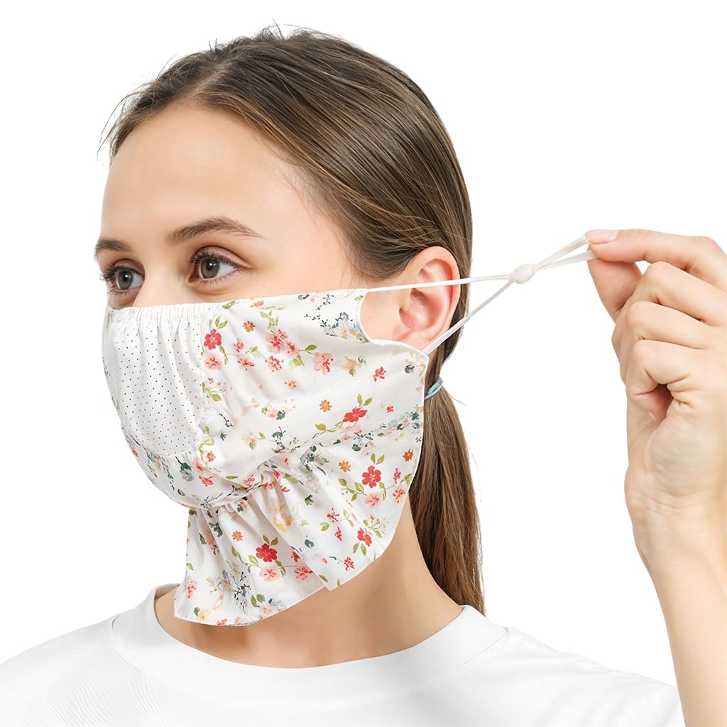 PALAY® Face Mask for Women Sun Protection, Floral Print Face Cover for Women, Breathable Reusable Mask for Bikers, Driving, Cooking (Extender Front Hem, Adjustable Earloop)