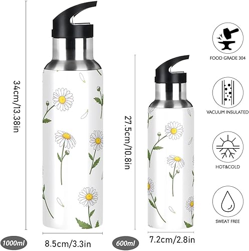 Miniatura 2 de White Daisies Flowers Stainless Steel Vacuum Insulated Water Bottle 20 Oz Leakproof Water Bottles, BPA-Free Sports Water Bottle with Straw
