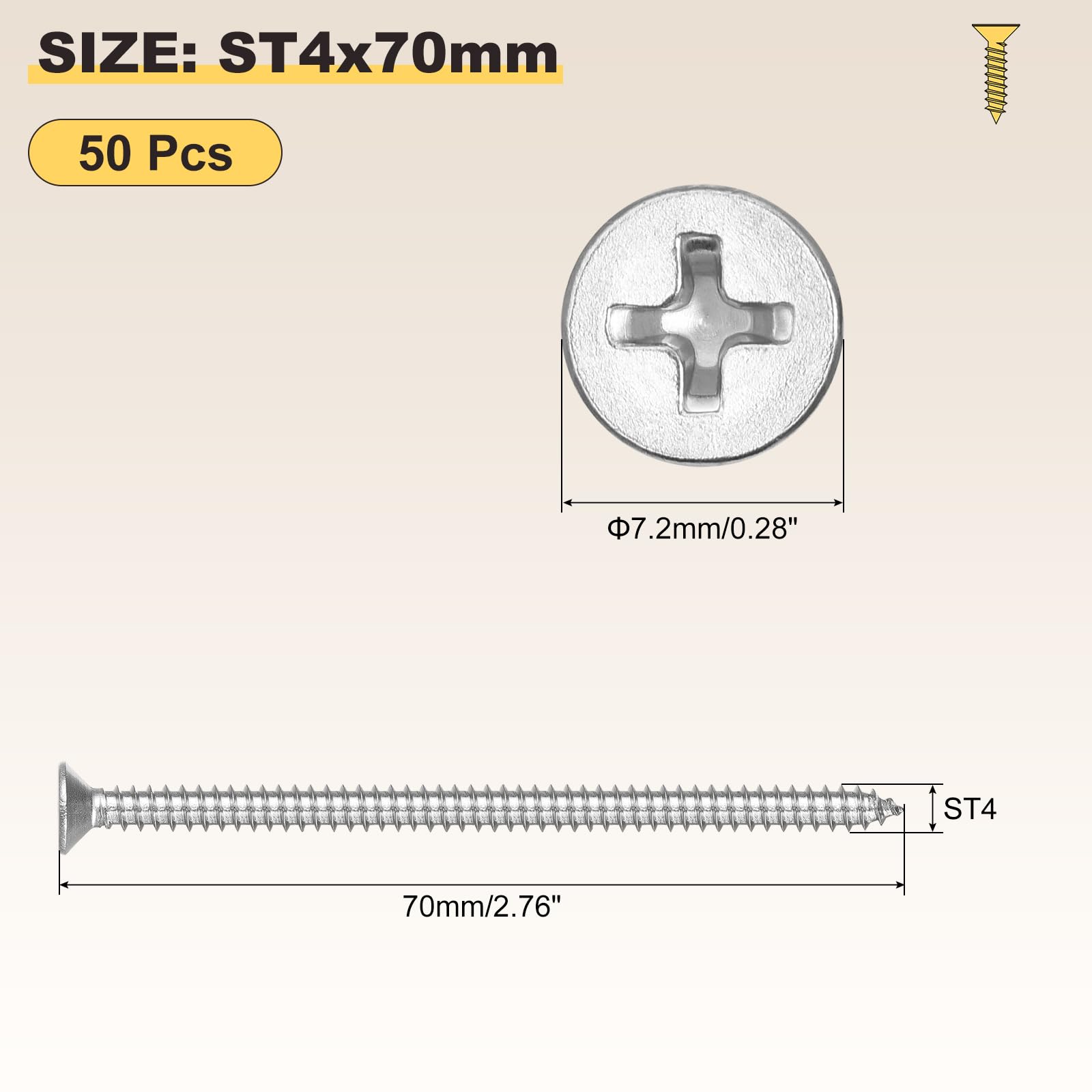 METALLIXITY Countersunk Phillips Wood Screws (ST4x70mm) 50Pcs - Image 2