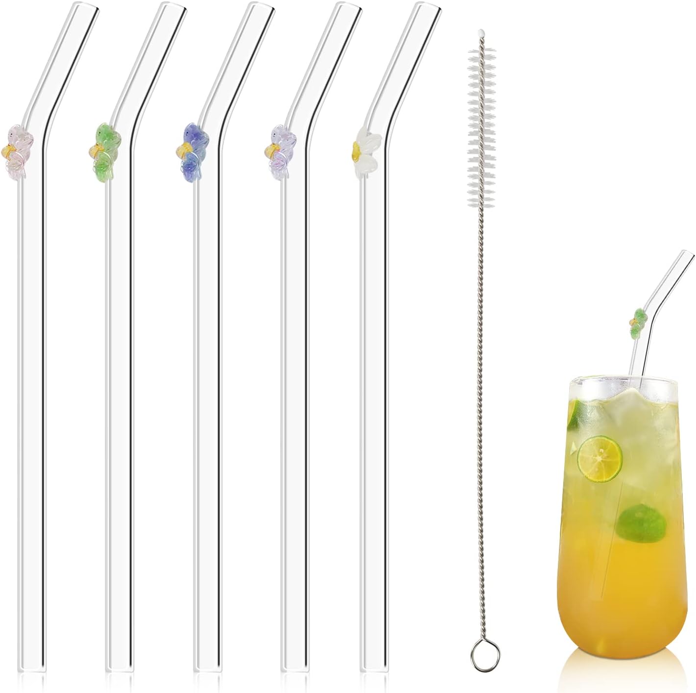 5 Pcs Reusable Straws Clear Glass Straws Colorful Flower Design Size 7.8" x 8mm with 1 Cleaning Brush for Smoothies, Milkshakes, Juices, Teas (Multicolor)