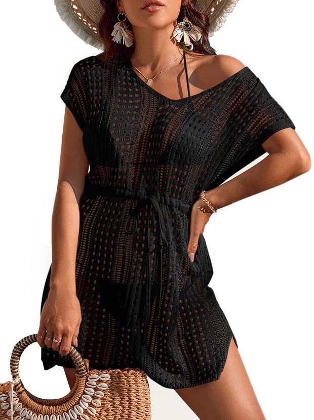 Women's Crochet Bathing Suit Cover Ups Dresses Short Sleeve Tie Waist