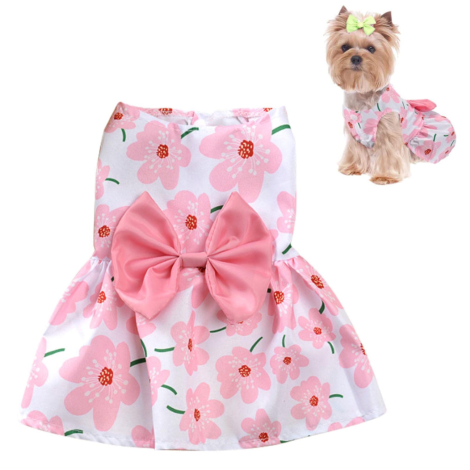 Maodom Dogs Dresses Bowknot With Flowers Decor, Hawaiian Daisy Puppy Dresses For Small Medium Dogs, Girl Dog Clothes Outfit Apparel Cute Cat Clothing For Chihuahua Yorkie (X-Small, Pink+Blue)