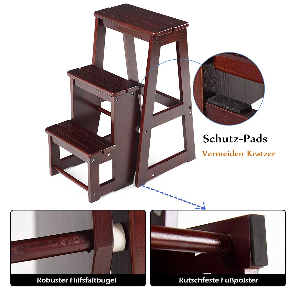 RELAX4LIFE Leiterstuhl 3 Stufen, Tritthocker Kiefernholz, Trittleiter zusammenklappbar, Trittstuhl, Haushaltsleiter, Hockerleiter, Klapphocker, 57 x 38 x 65 cm, Braun (Dunkelbraun)