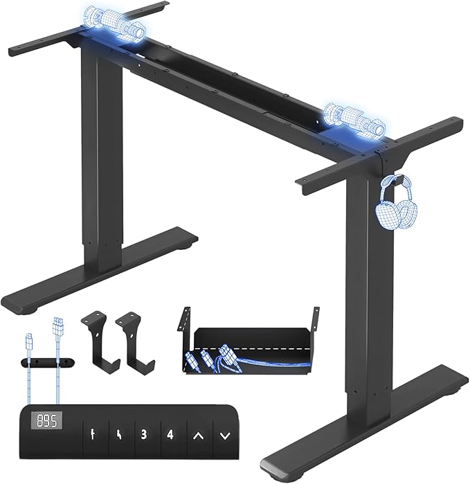 FLEXISPOT Height-adjustable desk frame, electric table legs with 2 motors, LED height display and 4 memory functions, including 2 hooks and cable management, black