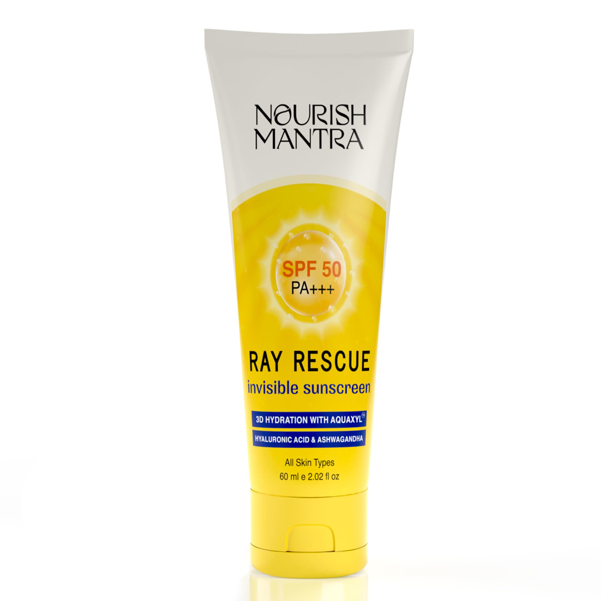 Ray Rescue Sunscreen/Sunscreen SPF 50/ With Hyaluronic Acid, Aquaxyl, Aloe Vera Extracts & Ashwagandha Extracts/No White Cast/For Both Men & Women / 60 ml (Pack of 1))