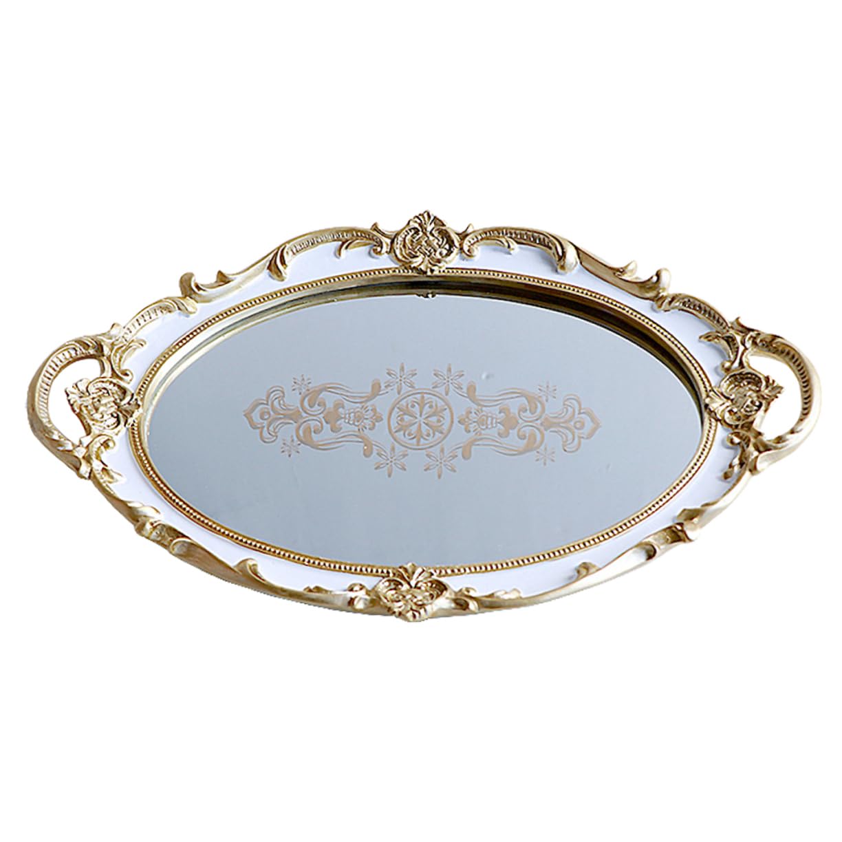 MAGICLULU Vassoio Ovale Portaoggetti in Resina Vassoio Porta Accessori Superficie Specchio Porta Gioielli Elegante per Casa Stampa Floreale Bianca
