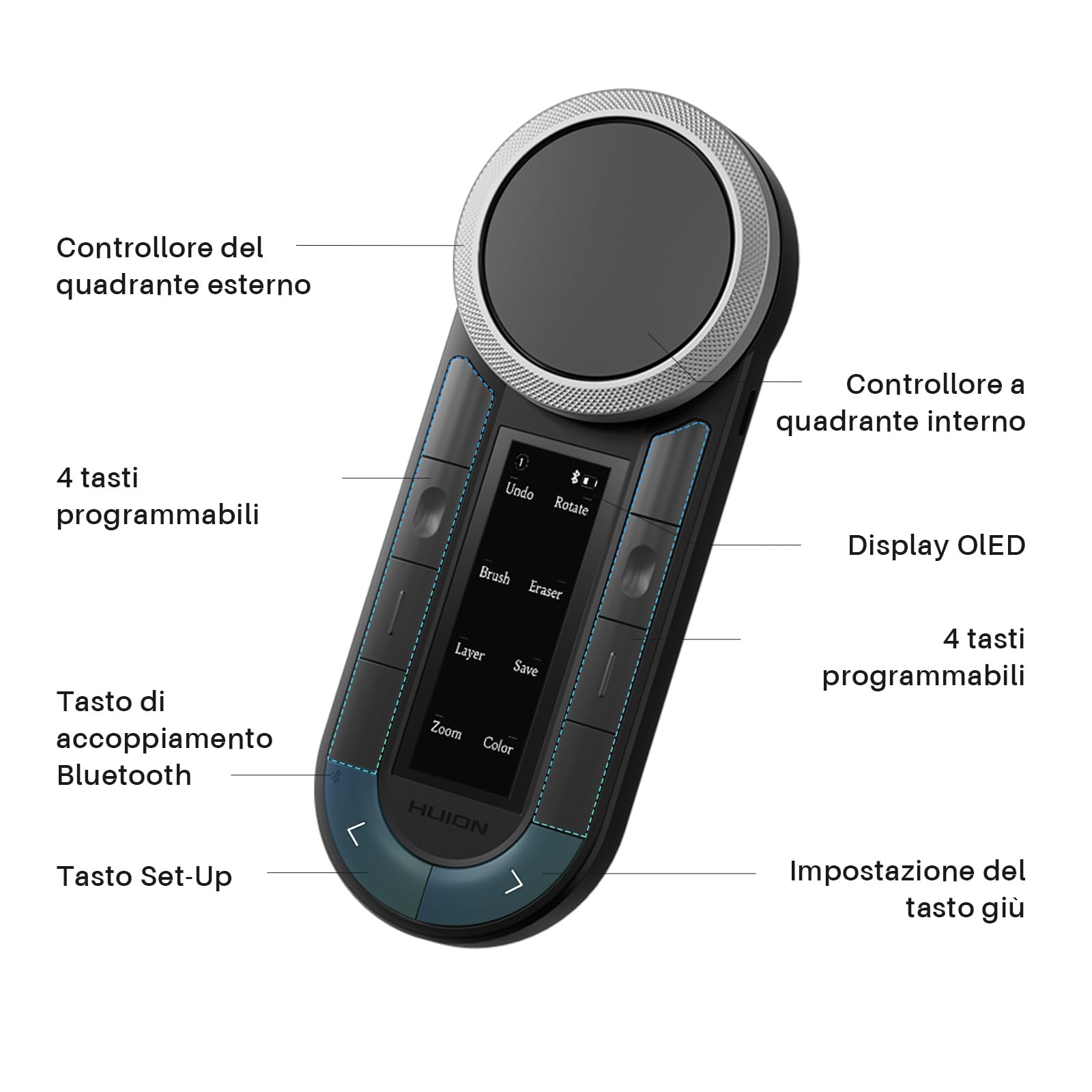 HUION Keydial Mini K40 Telecomando Bluetooth 5.0 per Display e Tavolette Grafiche con Doppio Controller a Manopola + 10 Tasti Personalizzabili, Tastiera Portatile per PC, Tablet e Mac.
