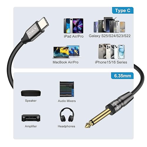 Miniatura 3 de J&D Cable adaptador auxiliar de interconexión mono de audio TS de 14 pulgadas USB-C a 0.250 in, compatible con iPhone 1515 Plus15 Pro15 Pro Max,