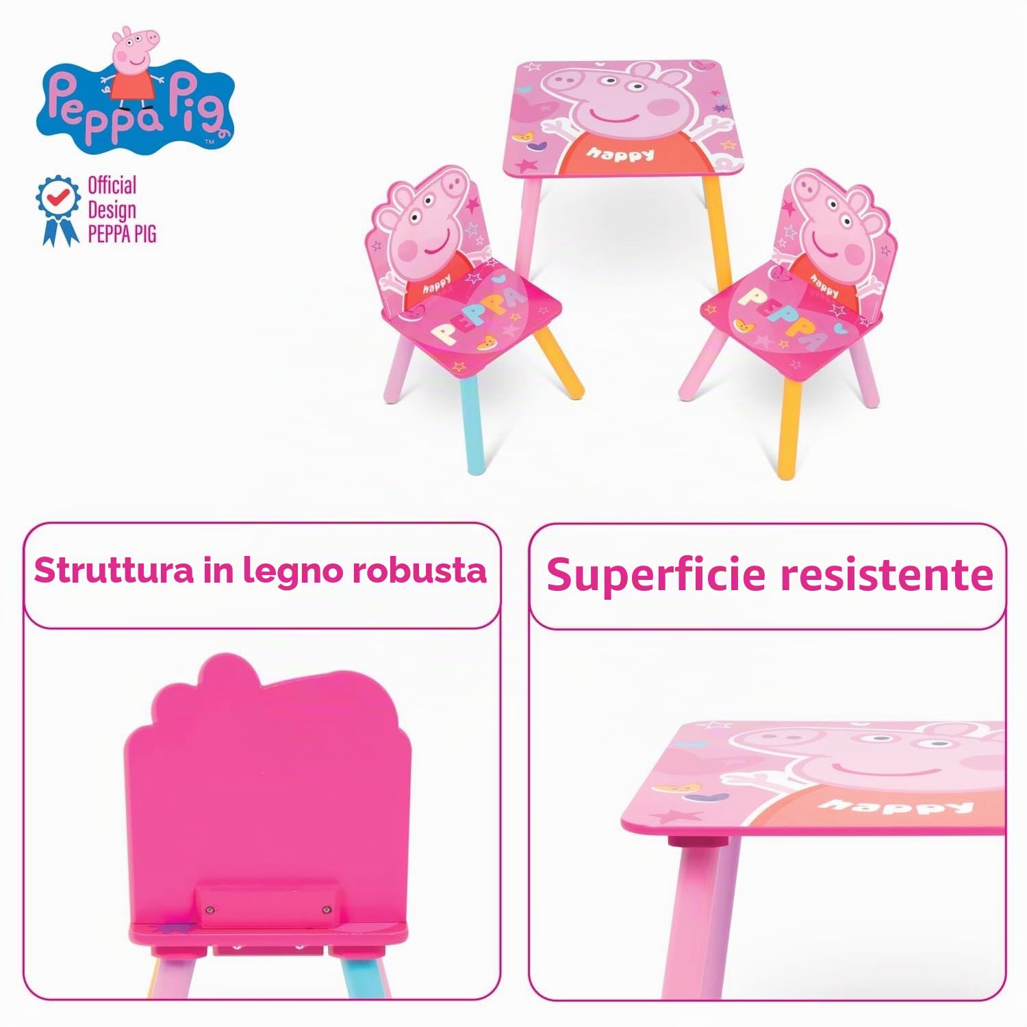 ARDITEX - Set Tavolo e 2 Sedie in Legno per Bambini Licenza Ufficiale Peppa Pig - Tavolo 50x50x44 cm/Sedia 26,5x26,5x50 cm - Rosa Arcobaleno - Ideale per giocare, disegnare e fare lavoretti