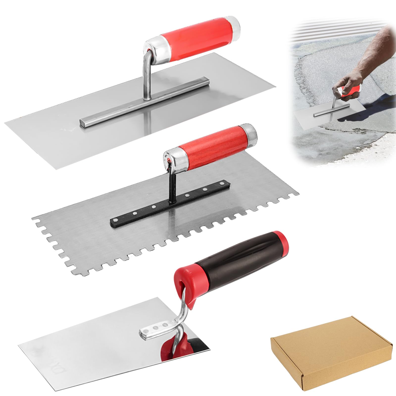 Paleta de albañilería de acero inoxidable: juego de 3 paletas de alisado de acero inoxidable, juego de espátulas con mango de goma, juego de herramientas para yeso, hormigón, juego con paletas de yeso