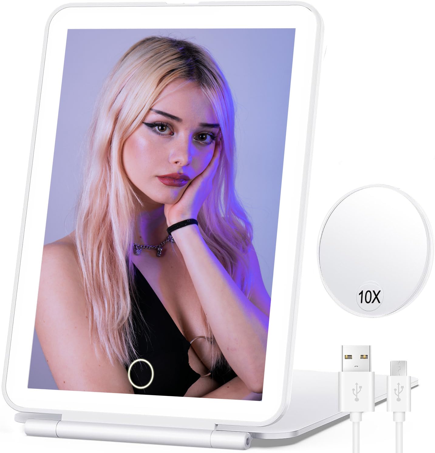 Espejo de maquillaje, tocador con luces, aumento de 10X, espejo de viaje plegable iluminado recargable, espejo iluminado, maquillaje de 72 luces LED, regalo para mujeres (blanco)