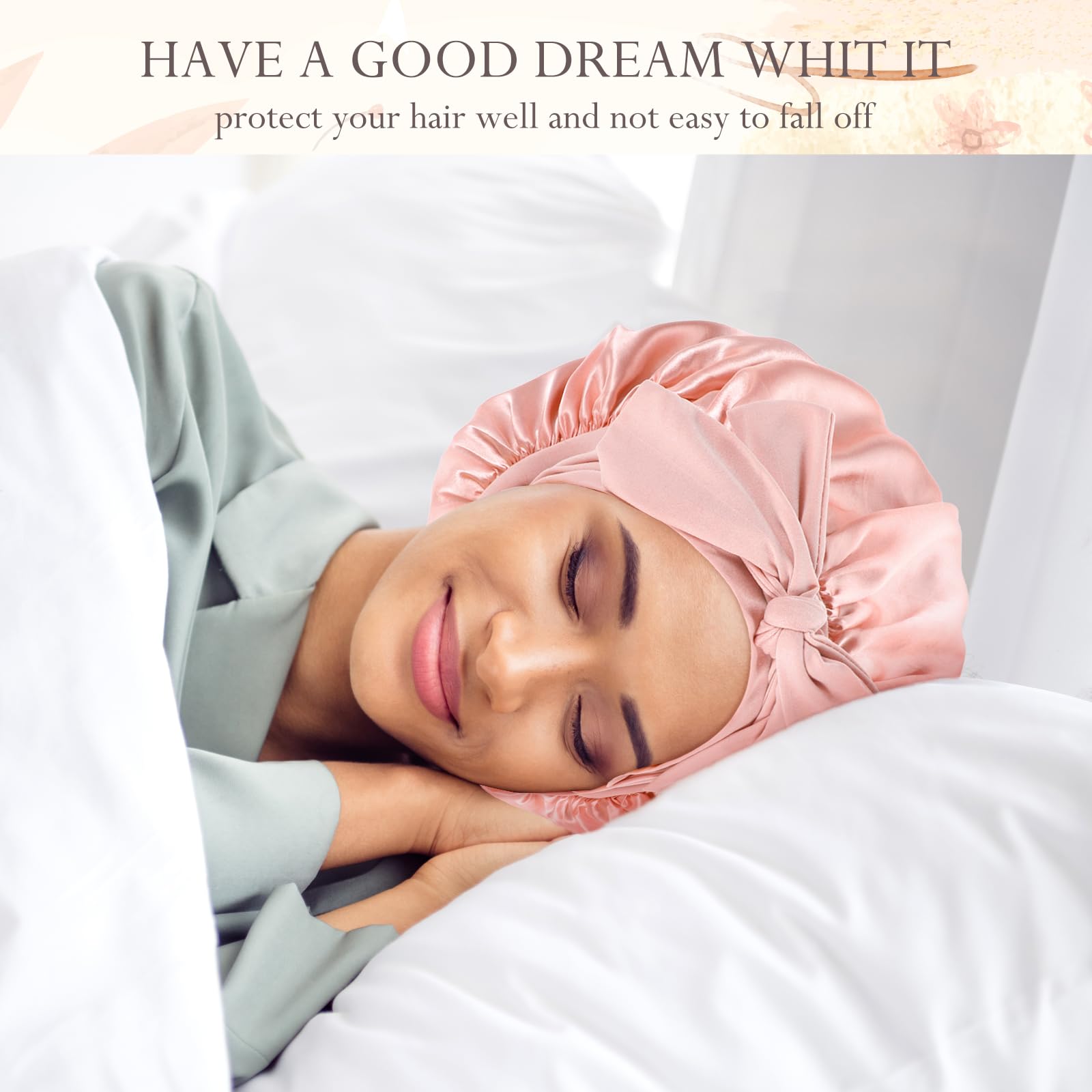 Oruola 1pcs Silk Hair Bonnet for Sleeping,Satin Hair Bonnet,Pink Sleep Bonnets with Elastic Tie Band for Women,Adjustable Silk Bonnets for Sleeping Curly Hairs with Satin Hairband,Pink - Image 4