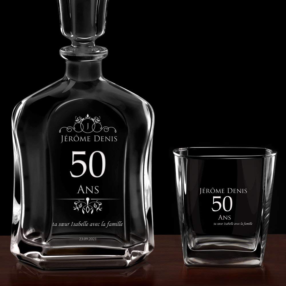 Maverton Ensemble de Carafes Personnalisés a Whisky Rhum Cognac Avec 2 Verres a Whisky Gravés - 700 ml Service Universel Verre Whisky et Carafe - Ans