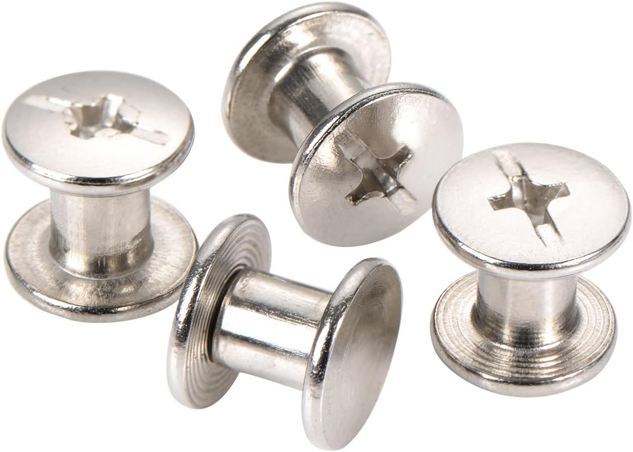 SATINIOROpen Back Chicago Screws Solid Belt Tack Screw Post Fastener Leather Repair Screws, 6 mm, Nickel Plated Steel, 50 Sets