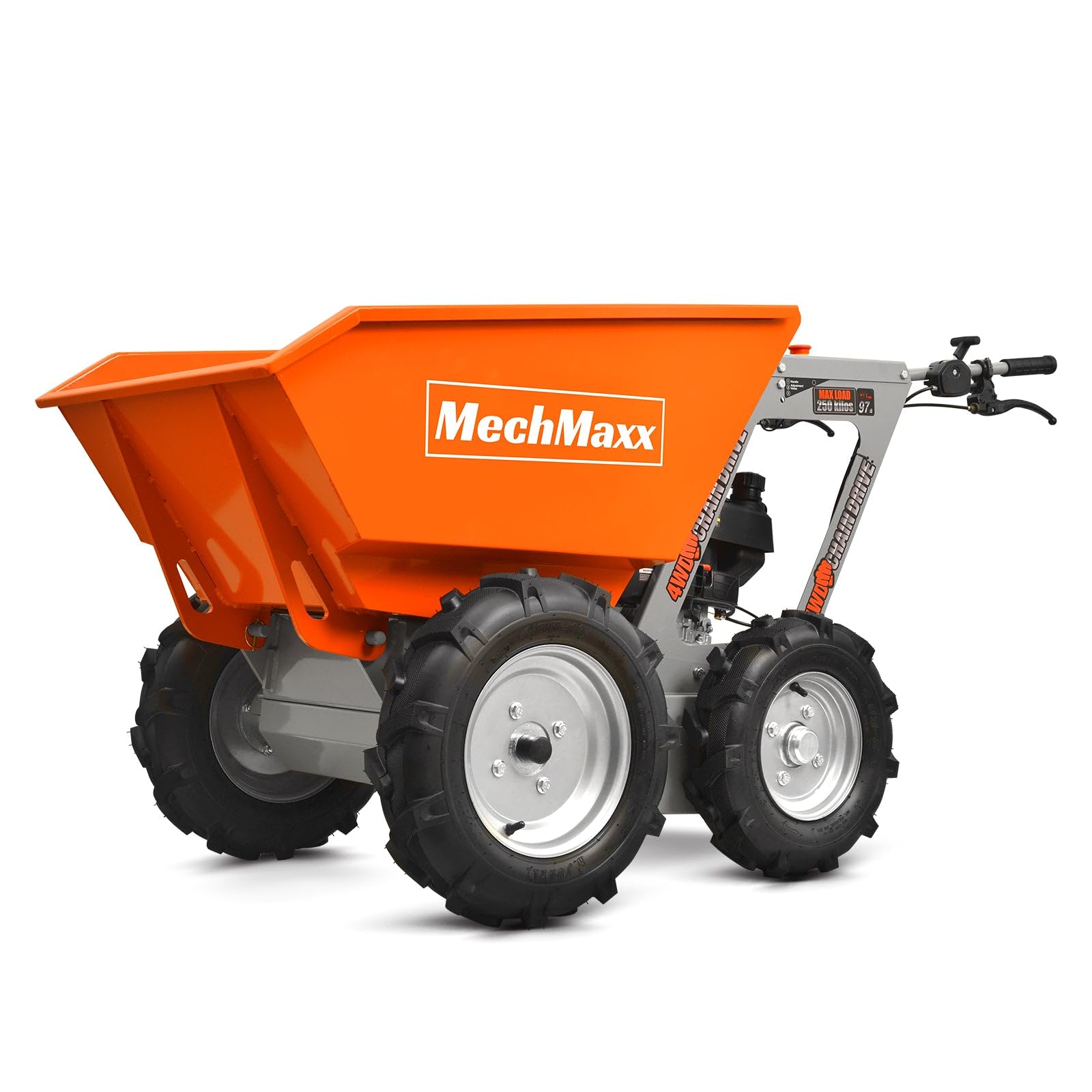 MechMaxx 660lbs Loading Capacity 196 cc 6.5HP Gas Powered Wheelbarrow Dumper Garden Cart, Four-Wheel Drive, 4F+1R Gearbox, Model T25