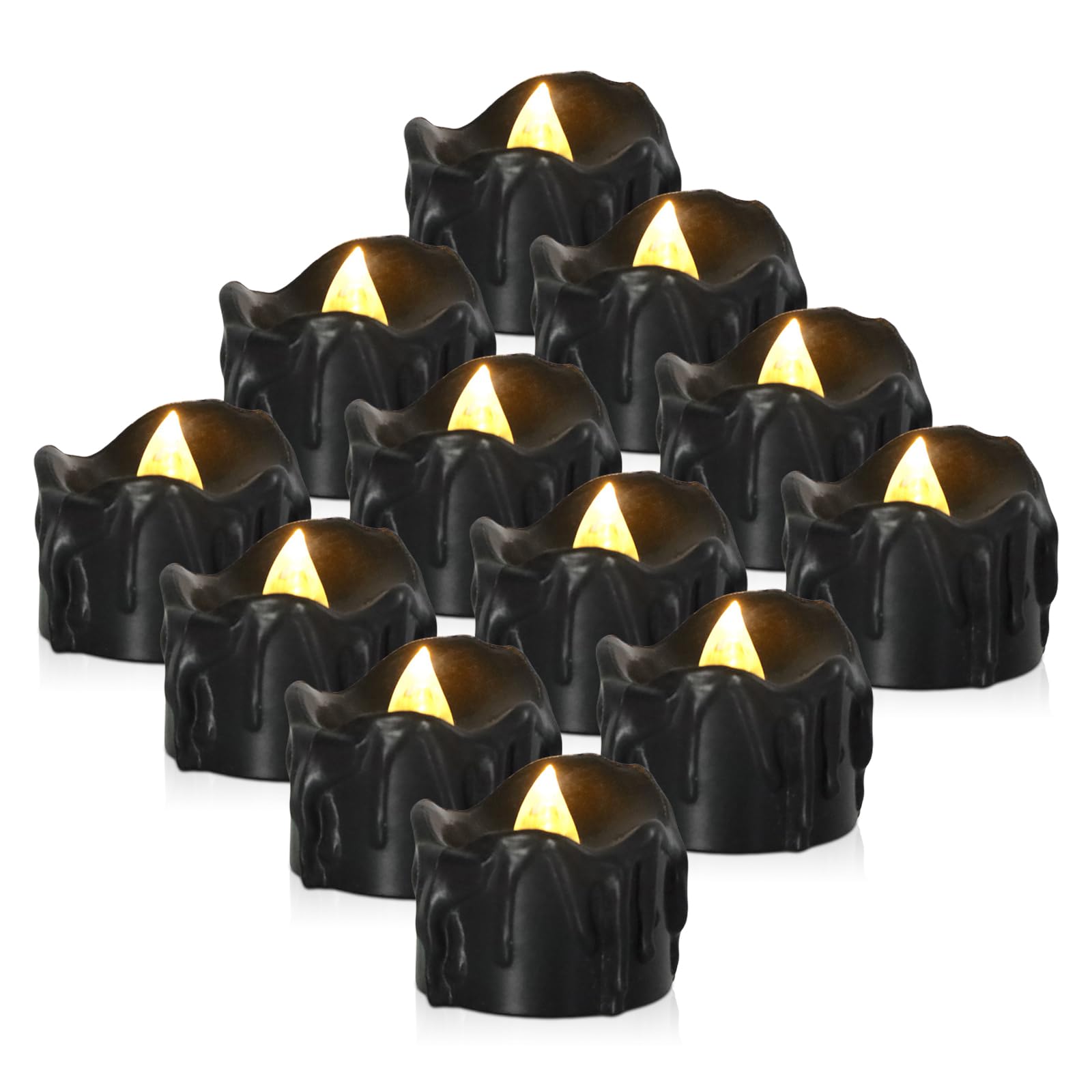 Sporgo 12 velas LED de té: velas LED negras sin llama, velas parpadeantes, funciona con pilas, pequeñas velas de té, para fiesta de Halloween, Adviento, Navidad, decoración de bodas