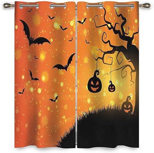 Cortina de puerta de patio de Halloween para puerta corrediza, 2 paneles de cortinas de decoración color naranja, amarillo y negro, cortinas opacas