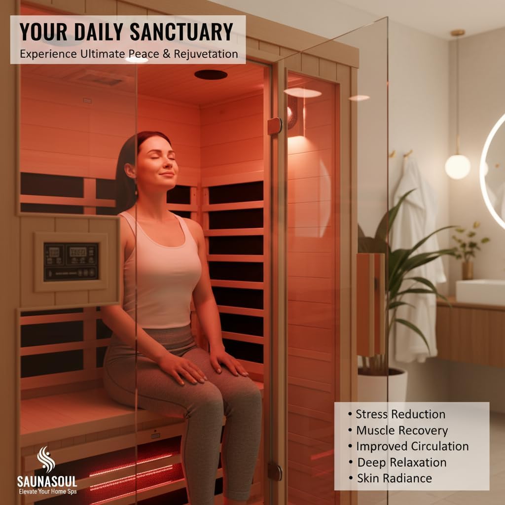2-Person Infrared Sauna, Indoor Home Sauna Room Hemlock Wood Sauna Low EMF Far Infrared Heating with Tempered Glass Door Bluetooth Speakers, Chromotherapy Lights for Family（110V, 1850W）Truck delivery