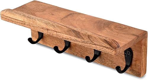 Miniatura 2 de NIRMAN Soporte rústico de madera de acacia para llaves para pared, estante de pared de granja con 4 ganchos para entrada, cocina de granja (10 x 3.5