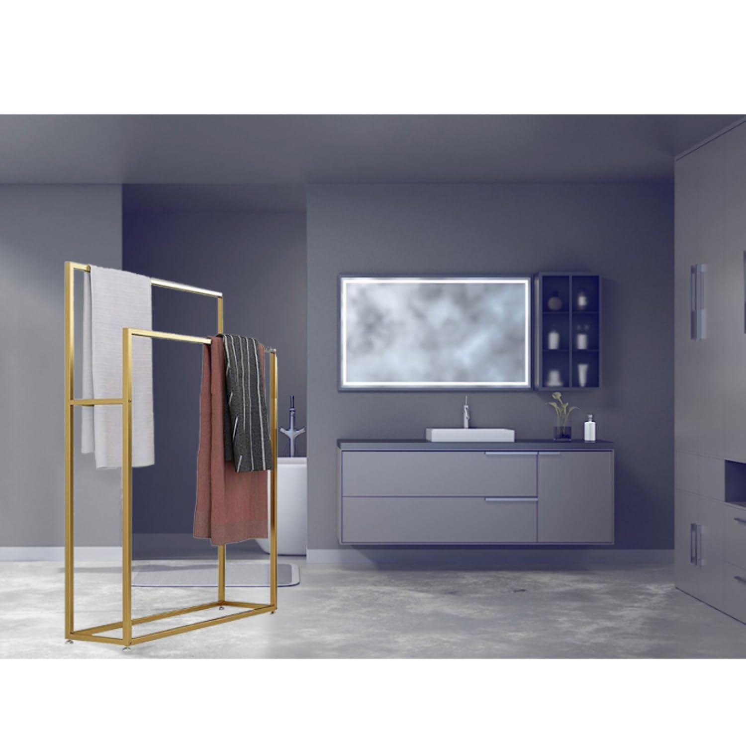Porta Toallas Baño de Pie, Toallero Independiente Dorado, Soporte para Toallas con 2 Barras, Alto Escalera Toallero de Metal para Toallas, Mantas, Salidas (Gold, 75x20x110 cm)