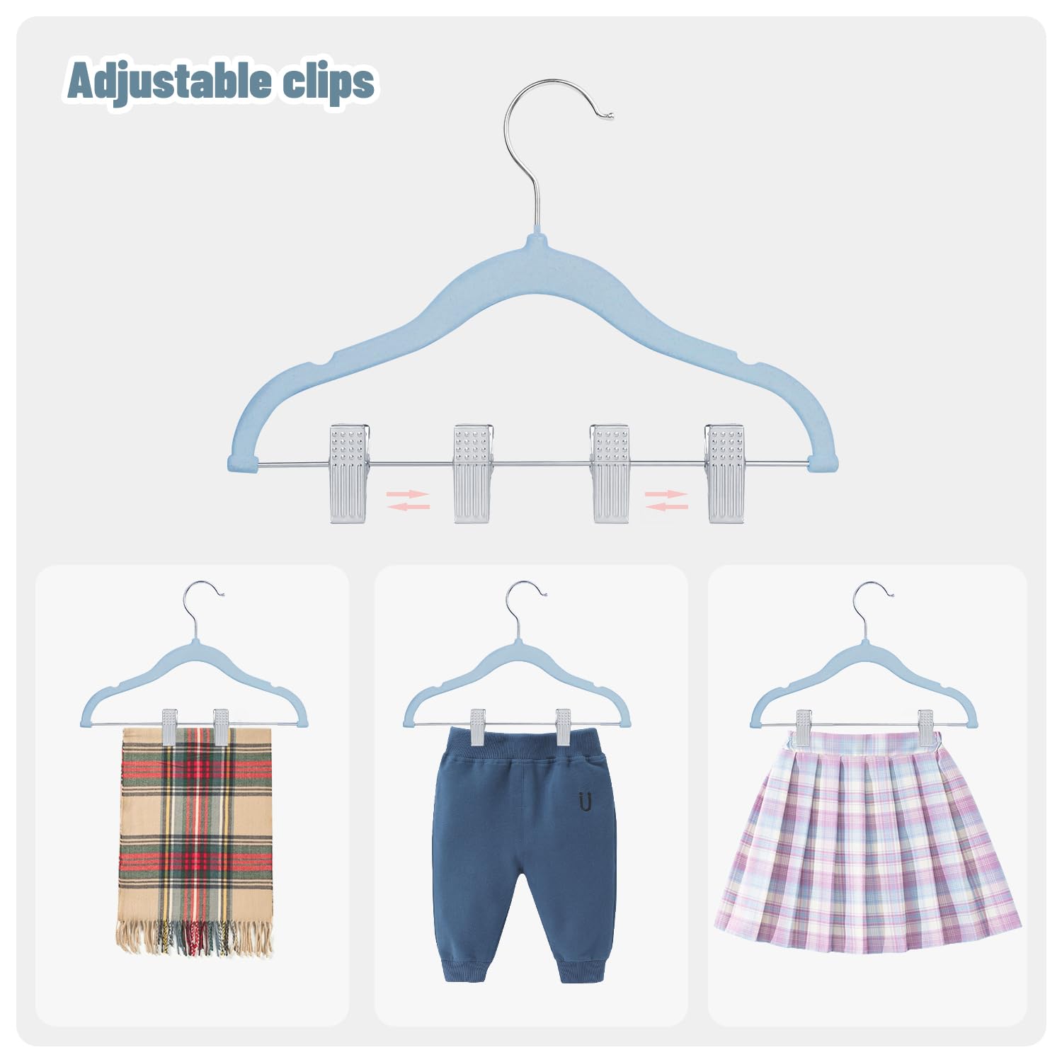 ManGotree Cintres en Velours 30cm pour Bébés avec Pinces Mobiles, Cintres Antidérapants pour Enfants, Cintre en Feutre Ultra-Minces et Peu Encombrants (16 Paquets, Bleu)