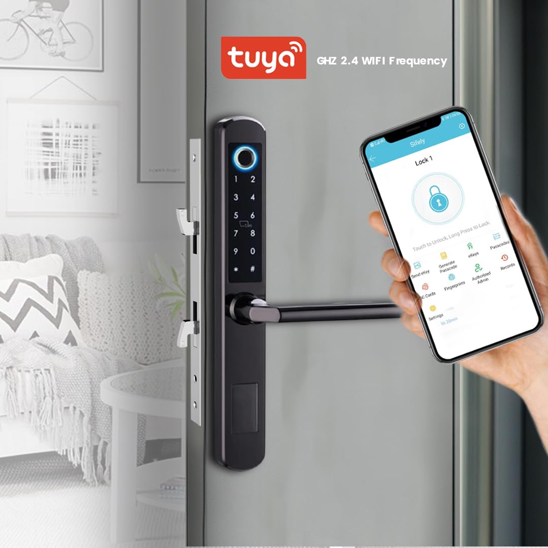 Cerradura de puerta corredera Wi-Fi: huella dactilar, control de aplicación Tuya, entrada sin llave, bloqueo automático, teclado/tarjeta IC, color negro