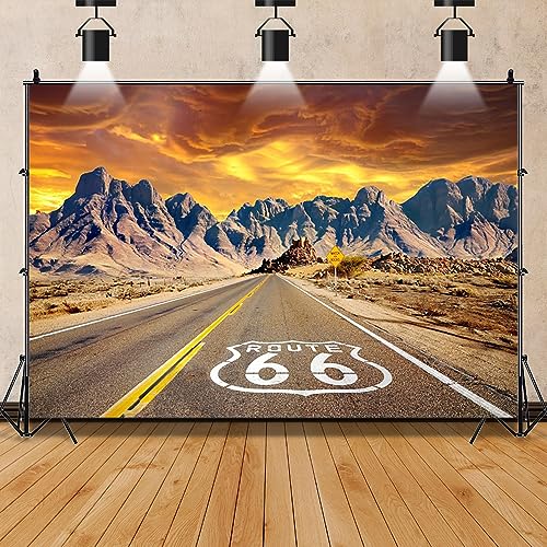 10x8ft Highway Scenery Backdrop Sunset Natural Scene Route 66 Road Photography Backdrop Wild West Historic Highway Pavement Sign in Vast California Mojave Desert Mountains Background