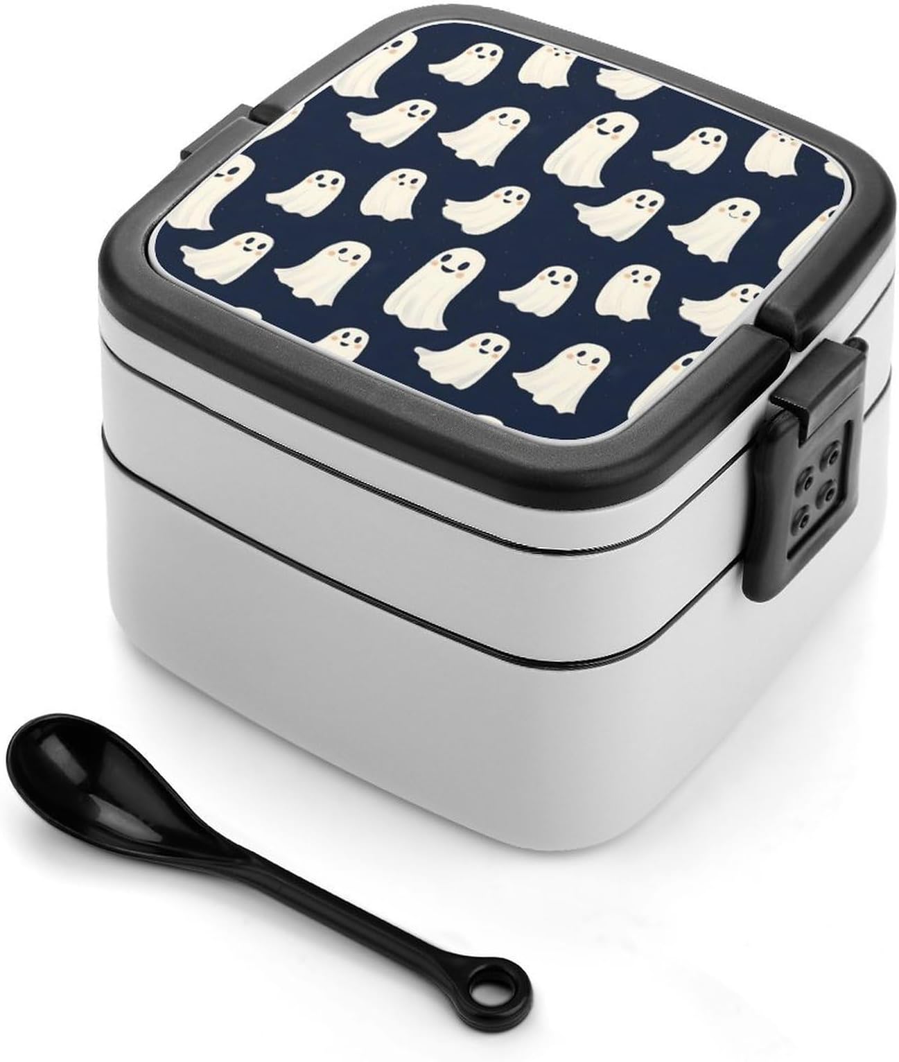 White Cute Ghost Print Bento Box, Small Salad Container for Lunch, Cute Lunch Box Containers for Adults Women Men, Reusable Double Lunchable Stackable