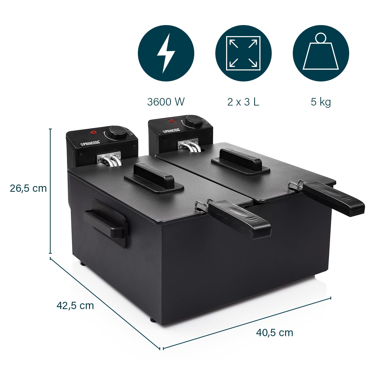 Princess 183028 Freidora eléctrica doble, Zona Fría, potencia de 2 x 1800 W, Volumen de 2 x 3 L, Temperatura hasta 190ºC, Negro