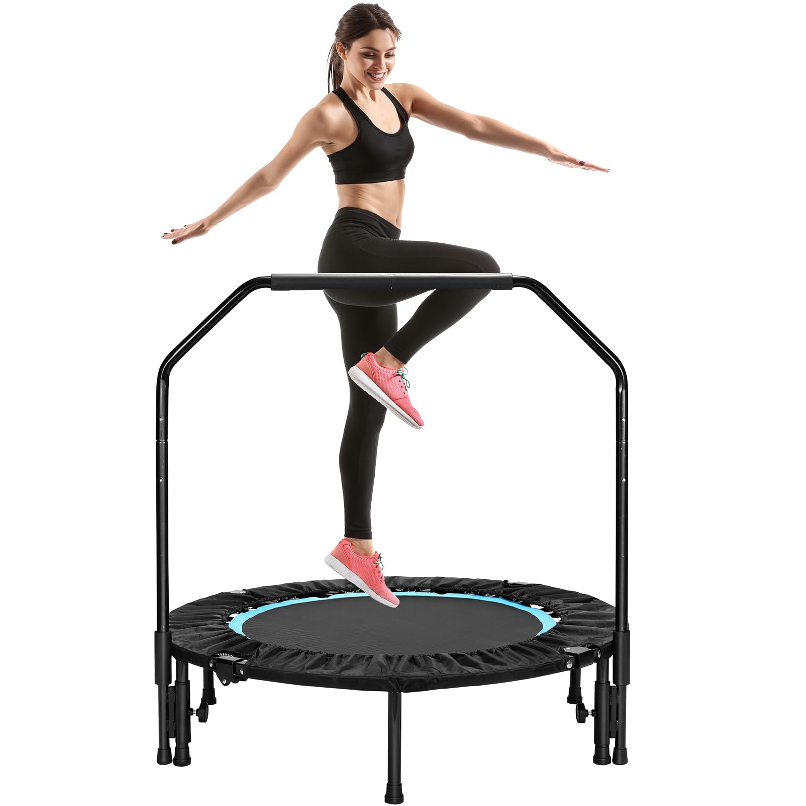 LIFERUN Trampolino fitness per interni, diametro 101 cm, capacità di carico 150 kg, rimbalzo per allenamento, con 3 livelli di maniglia regolabili, mini trampolino per adulti