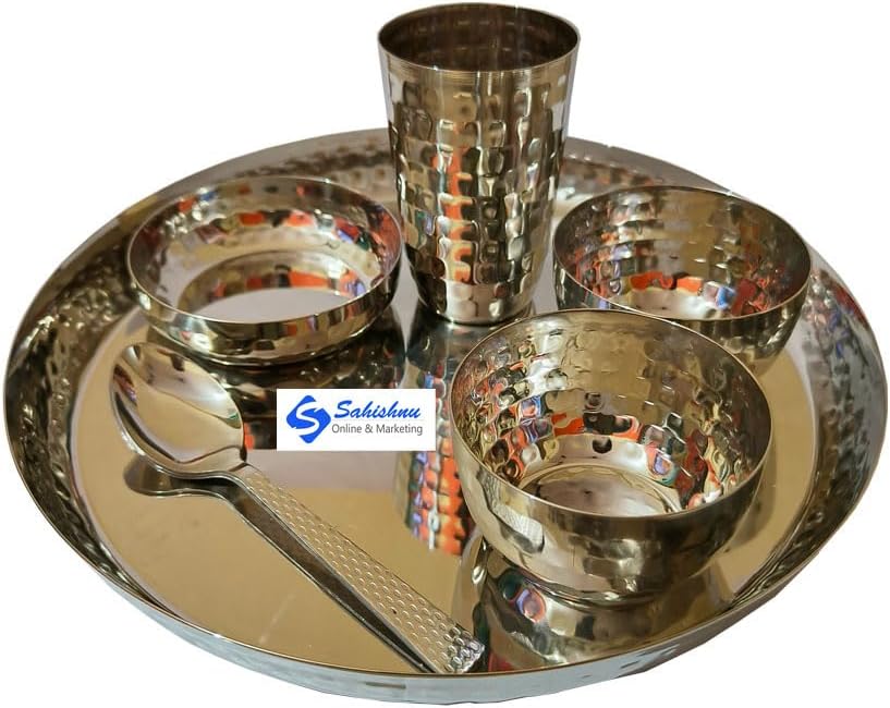 Sahishnu Online And Marketing Stainless Steel Hammer Style Dinner Set, Indian Dinnerware, Traditional Indian Dinner Set of Thali,Bowls, Small Plate, Glass and Spoons