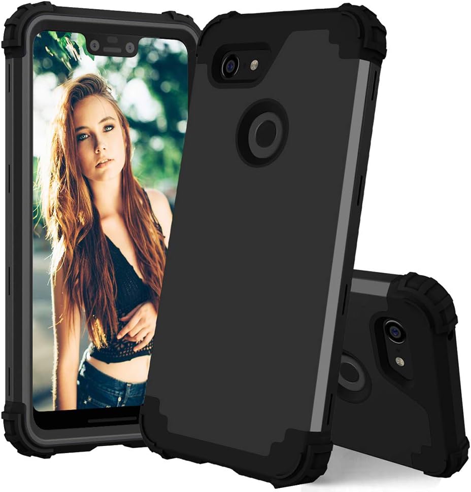 Phone Case for Google Pixel 3 XL Hard Cover Shockproof Soft Silicone Bumper Hybrid Three Layer Defender Heavy Duty Protective Wireless Charging Cell Accessories Pixel3 3XL Cases Women Men Black