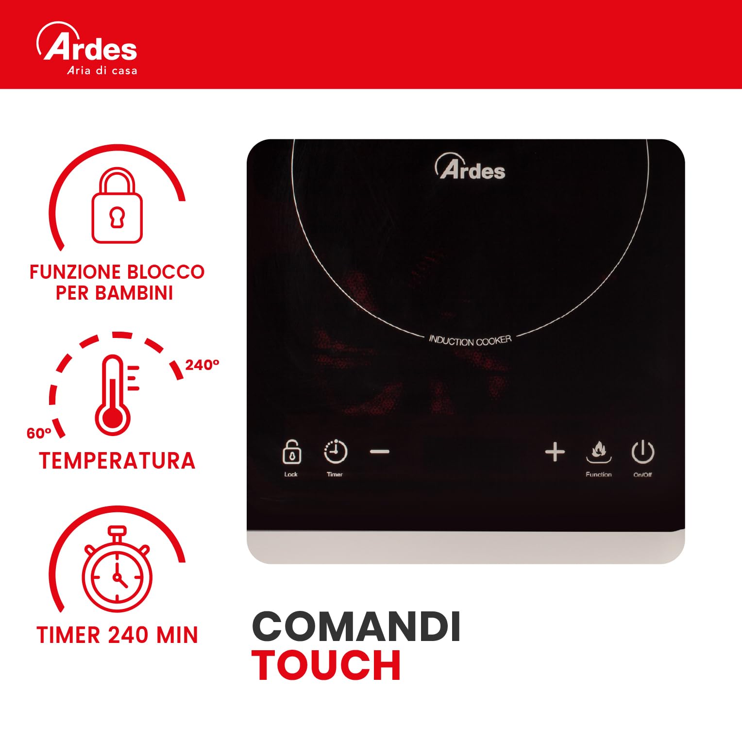Ardes KOOKIE DUO Fornello Elettrico 2000 W + 1500 W con 2 Piastre a Induzione, Display Digitale e Temperatura Regolabile fino a 240°C, Colore Nero