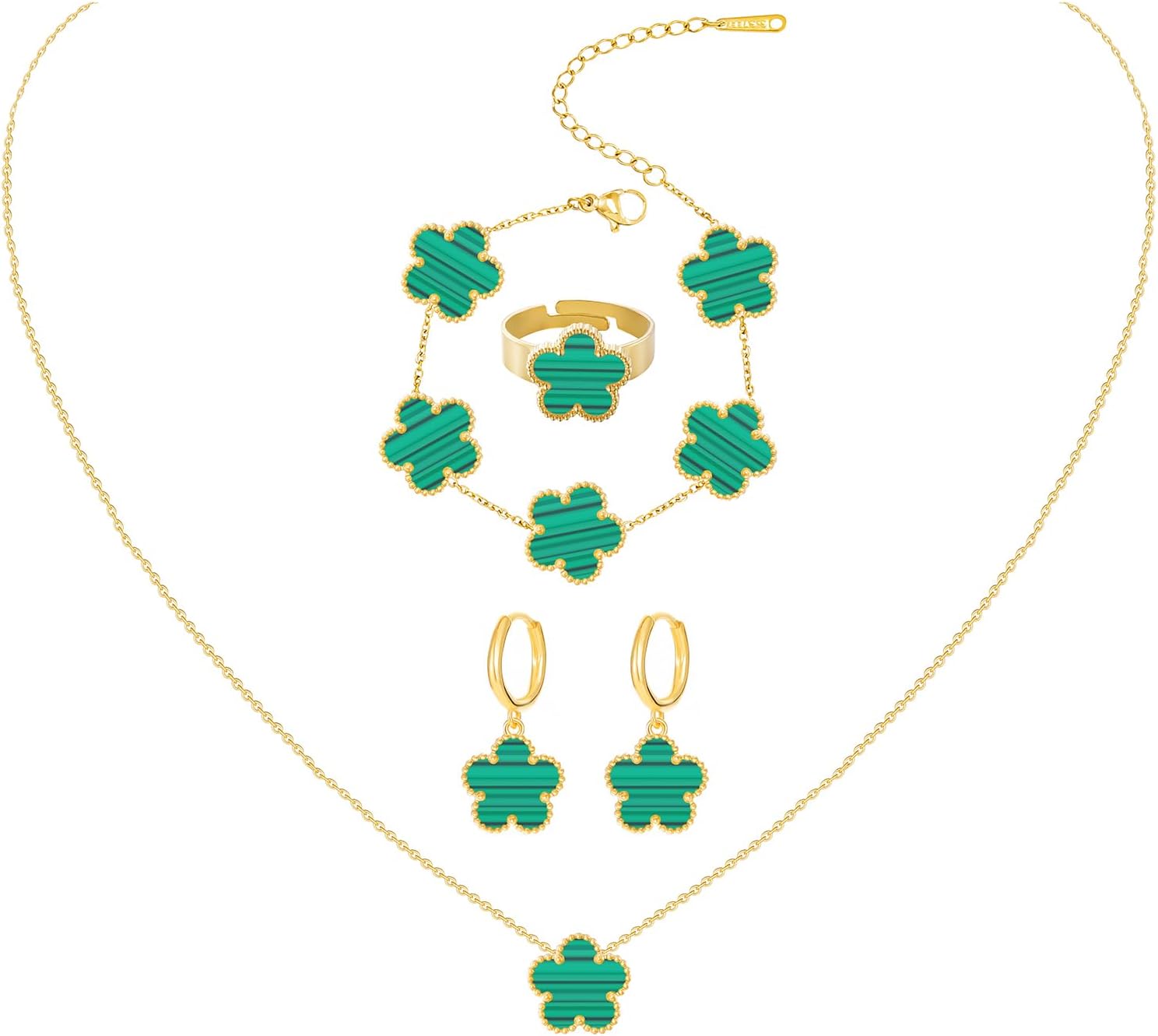 Gold Plated Stainless Steel Four Leaf Clover Bracelet Necklace Ring and Earrings Jewelry Set for Women